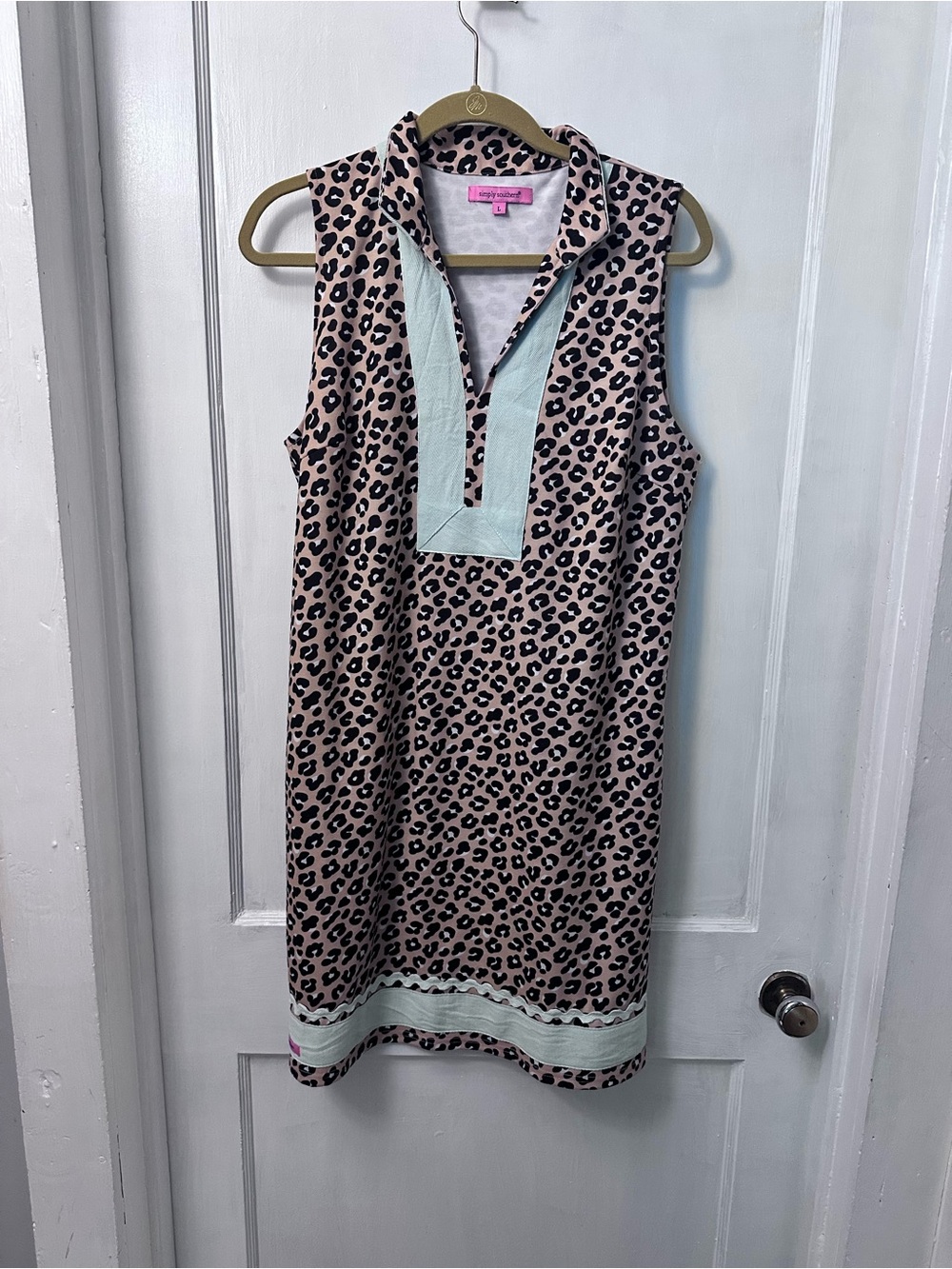 Simply Southern Pink Leopard Print Sleeveless Dress with Mint Trim